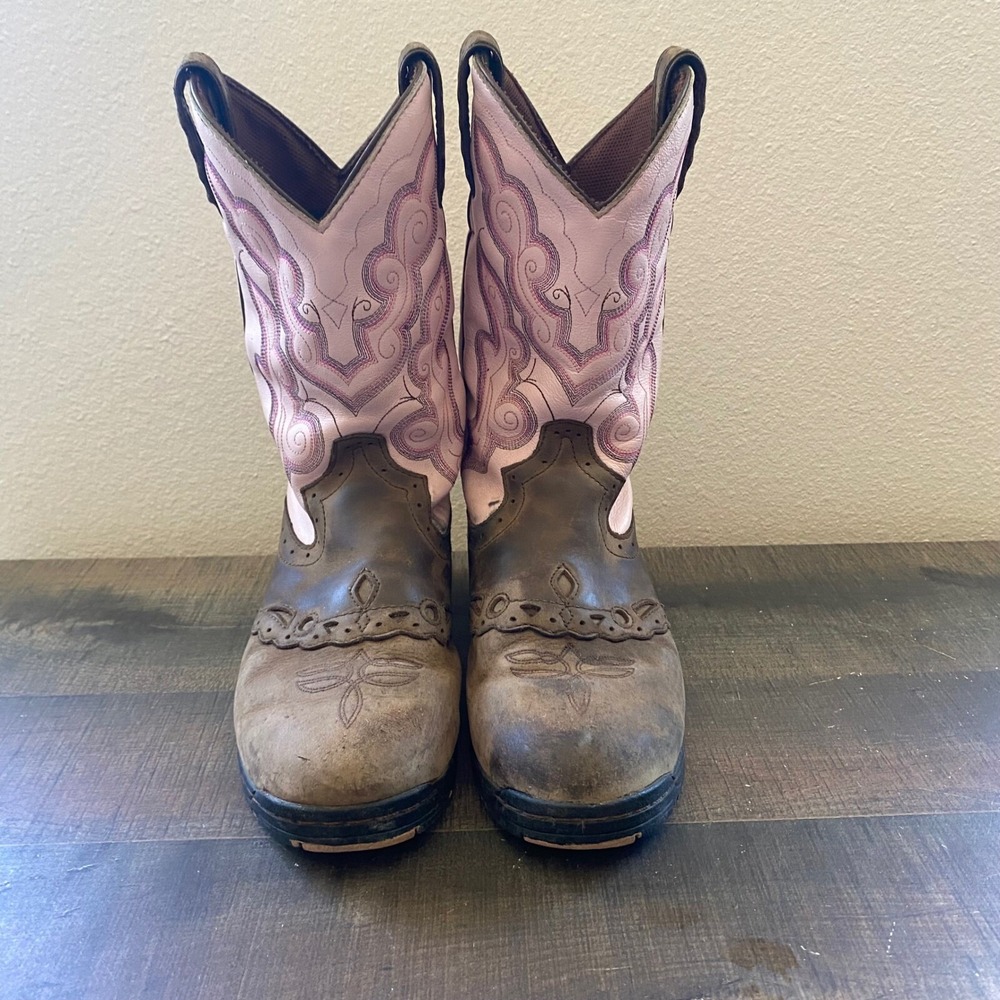Justin Women's Boots 6 Pink Brown‎ Cowboy Leather Round Toe Western
